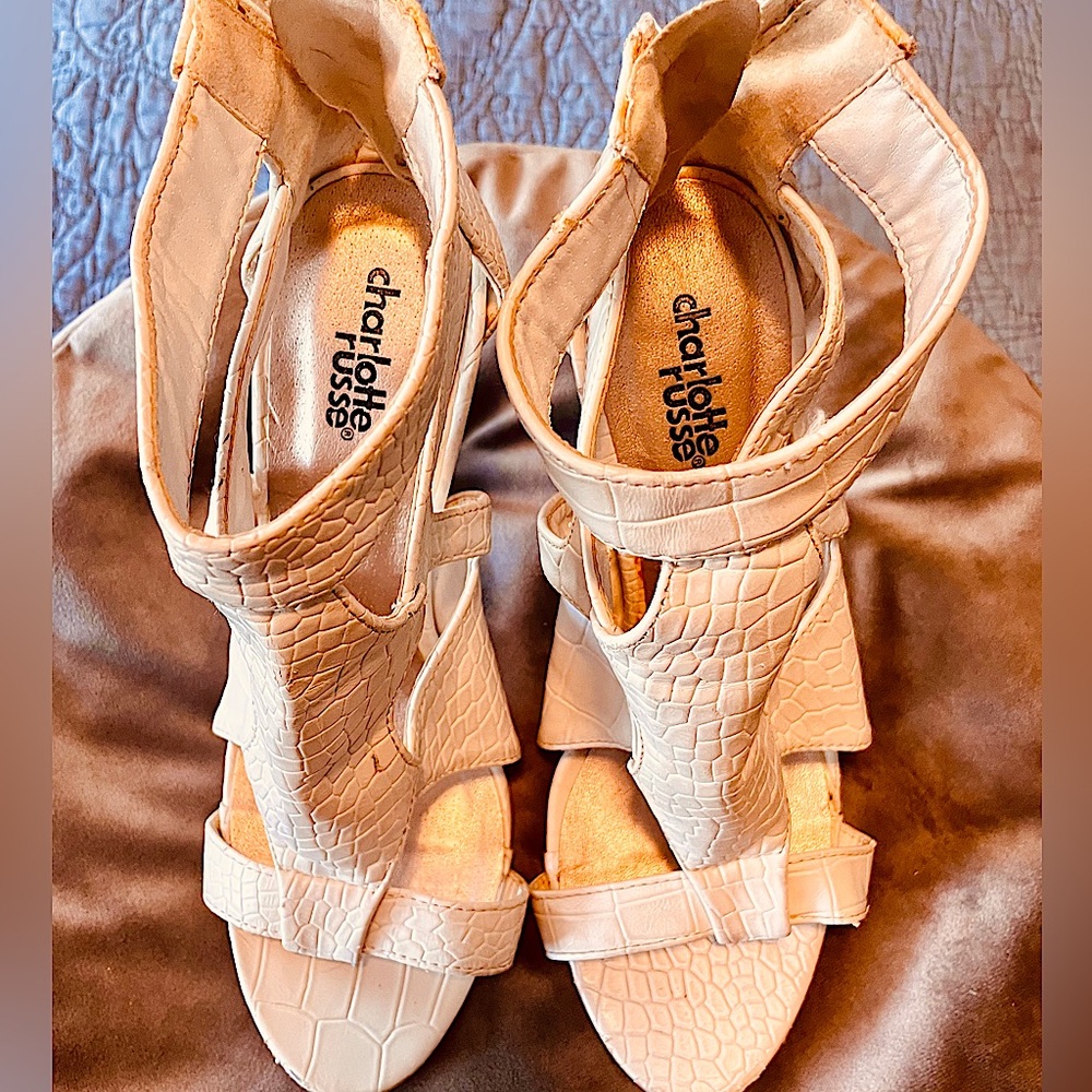 Charlotte Russe women’s strapped faux croc leather heels in a  7.  Worn
